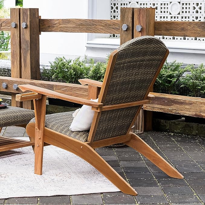 Cambridge Casual Teak Camden Outdoor Adirondack Chair with Padded Woven Seat, Free Patio Cover, Koboo Gray All-Weather Wicker & Solid Teak Wood Frame, Quick-Dry Foam Adirondack Chair for Patio