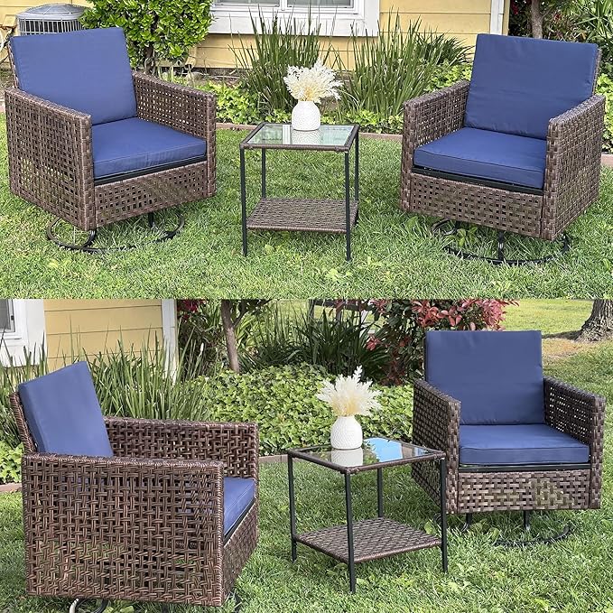 YITAHOME Outdoor Swivel Chair 3 Pieces, Wicker Patio Furniture, Porch Furniture, Swivel Wicker Patio Chairs with Rattan Side Table, Thickened Cushions for Porch, and Yard, Blue