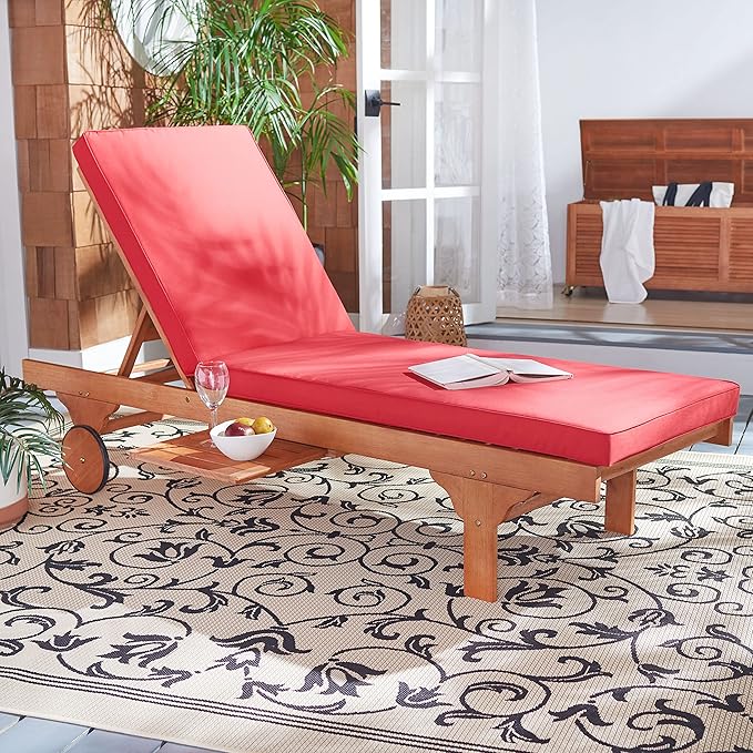 SAFAVIEH Outdoor Collection Newport Natural/ Red Cushion Built-in Side Table Adjustable Chaise Lounge Chair