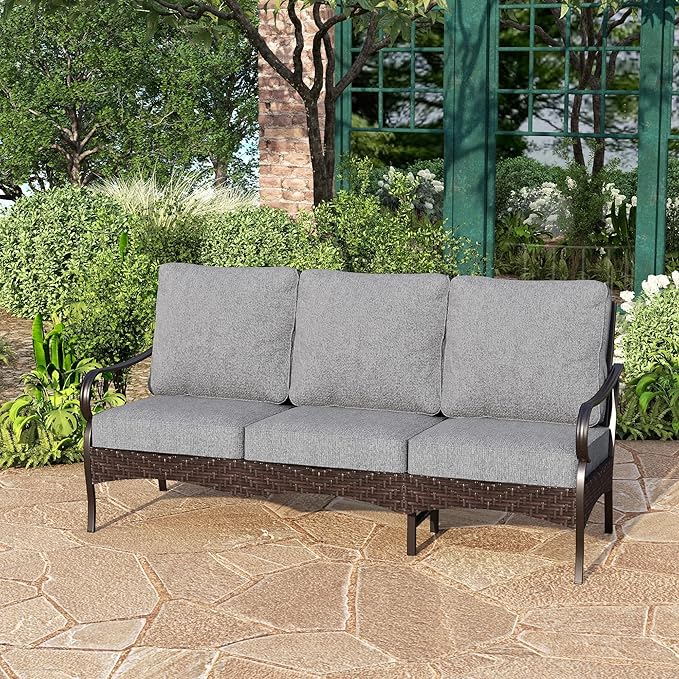 PHI VILLA Wicker & Metal Outdoor Patio Couch, 3-Seat Patio Sofa with Deep Seating for Front Porch, Deck, Balcony - Photo 1