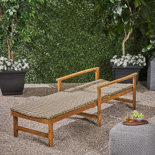 Great Deal Furniture Kyle Outdoor Rustic Acacia Wood Chaise Lounge with Wicker Seating, Natural and Mixed Mocha