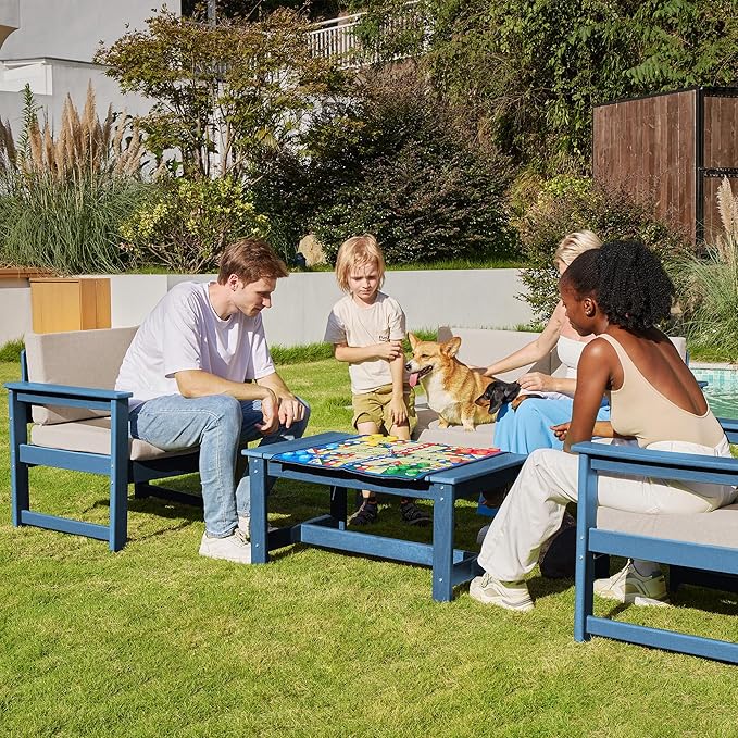 SERWALL HDPE Outdoor Loveseat with Cushions, All Weather Use Outdoor Loveseat Sofa, Blue Frame with Khaki Cushions - Photo 7