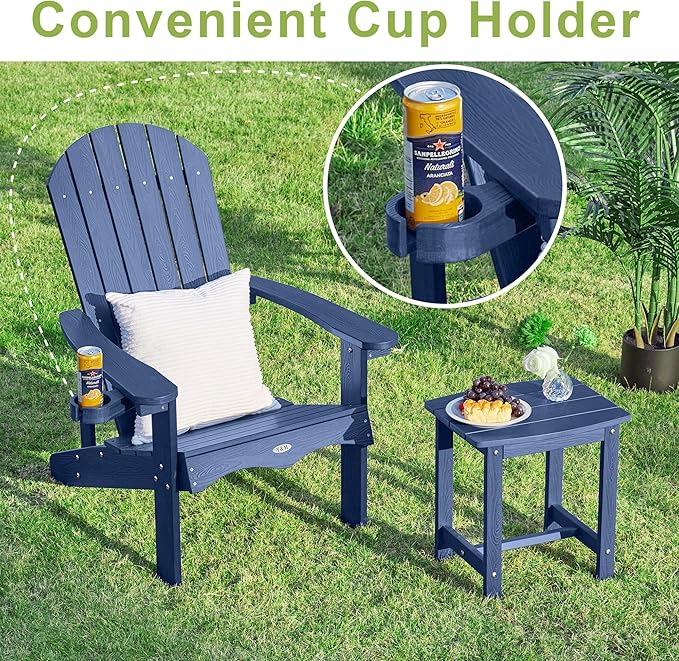 Y&M Adirondack Chair Set of 2, Navy Blue Fire Pit Chairs, Outdoor Patio Chairs with Cup Holder, Weather Resistant HDPE Wooden Textured Patio Chairs, Perfect for Garden, Lawn, Deck, or Poolside