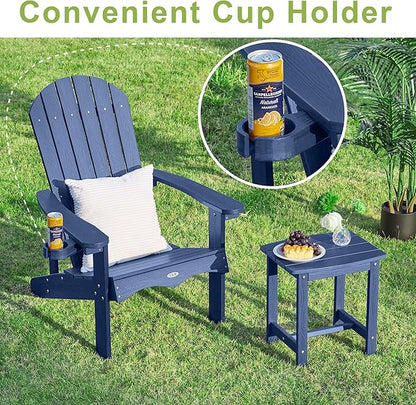 Y&M Adirondack Chair Set of 2, Navy Blue Fire Pit Chairs, Outdoor Patio Chairs with Cup Holder, Weather Resistant HDPE Wooden Textured Patio Chairs, Perfect for Garden, Lawn, Deck, or Poolside