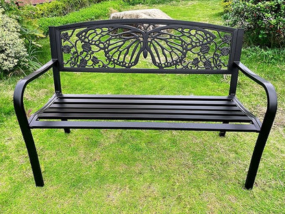 Hi-Line Gift Ltd 50" Outdoor Metal Garden Bench with Butterfly Backrest Design - Black