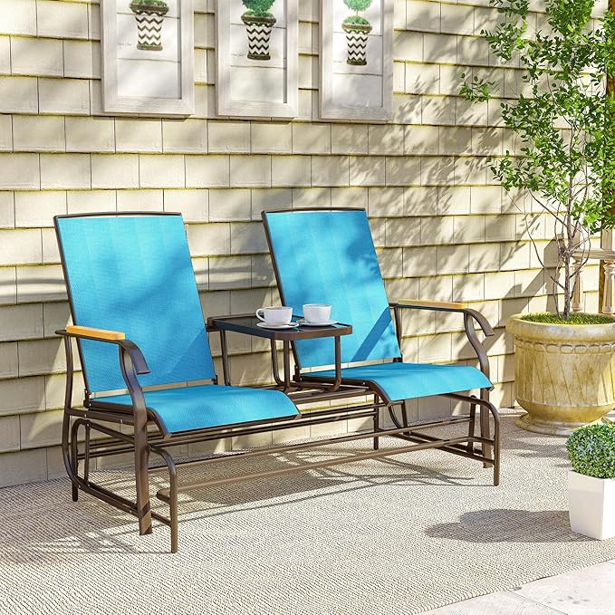 Outsunny 2 Person Outdoor Glider Bench, Patio Swing Glider Chair Loveseat with Breathable Mesh, Table, Steel Frame for Garden, Backyard, Porch, Blue