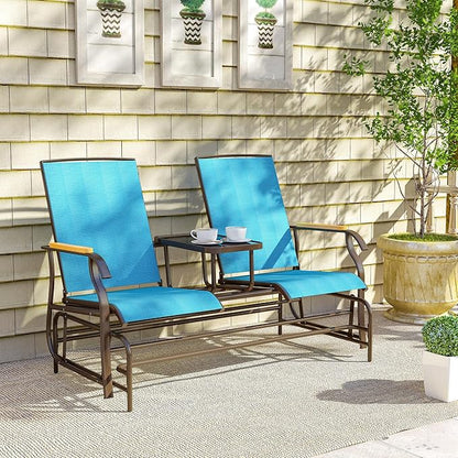 Outsunny 2 Person Outdoor Glider Bench, Patio Swing Glider Chair Loveseat with Breathable Mesh, Table, Steel Frame for Garden, Backyard, Porch, Blue