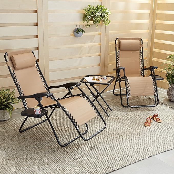 Amazon Basics Outdoor Textilene Adjustable Zero Gravity Folding Reclining Lounge Chair Set with Cup Holder, Side Table - Photo 2