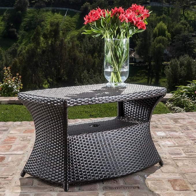 Outdoor Rattan Side Table with Umbrella Hole, All Weather 2 Tier Rattan Wicker Coffee End Table with Storage Shelf for Garden Porch Deck Backyard, No Assembly Required (Brown)