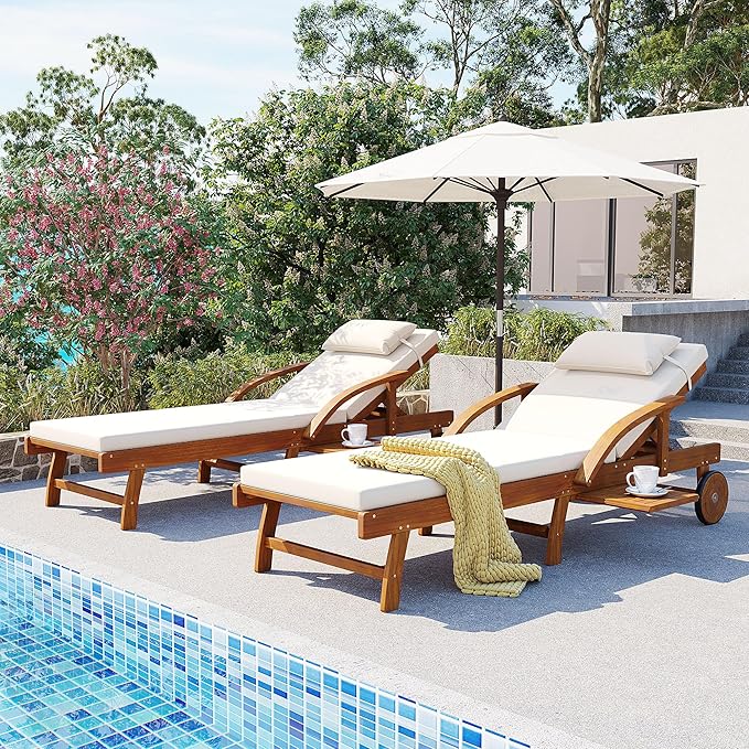 LUMISOL Acacia Wood Chaise Lounge Chair Set of 2, Patio Outdoor Chaise Lounge with Cushions, Adjustable Backrest, Leg Rest, Headrest, Retractable Side Tray for Patio, Pool, Garden, Beige