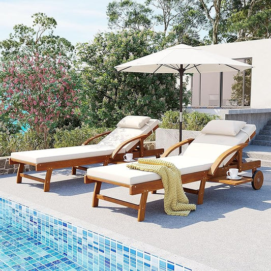 LUMISOL Acacia Wood Chaise Lounge Chair Set of 2, Patio Outdoor Chaise Lounge with Cushions, Adjustable Backrest, Leg Rest, Headrest, Retractable Side Tray for Patio, Pool, Garden, Beige