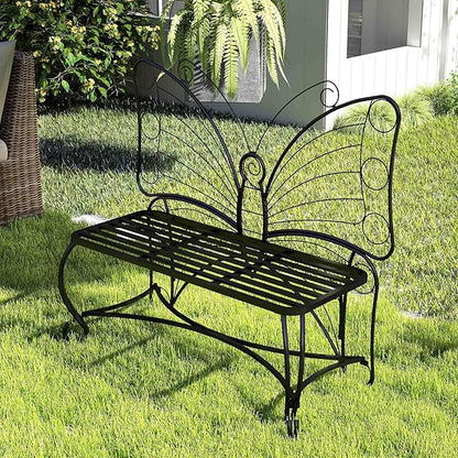 Butterfly Cast Metal Garden Bench Outdoor Bench for Patio Yard Park 2-Person Park Bench with Elegant Design All-Weather Cast Iron Outdoor Seating for Garden Entryway Black