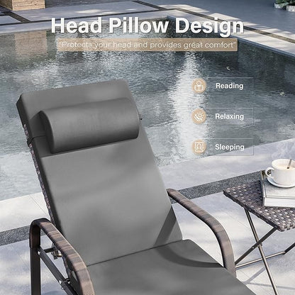 Kurapika Patio Chaise Lounge Set 3 Pieces Outdoor Lounge Chair, Rattan Reclining Chair Adjustable Backrest, Pool Sunbathing Recliners with Folding Table for Poolside Beach, Grey