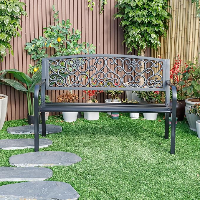 Hi-Line Gift Ltd. Iron Symphony- Steel and Cast Iron Garden Bench in Timeless Black