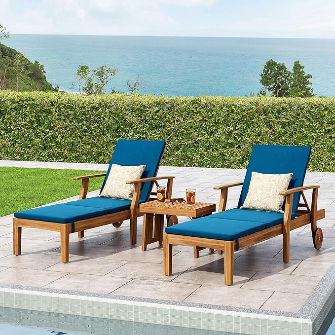 Christopher Knight Home Benjamin Outdoor Acacia Wood 3 Piece Chaise Lounge Set, Teak Finish, Blue - Photo 2