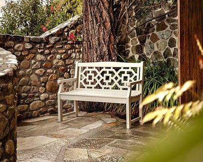 Martha Stewart by POLYWOOD Chinoiserie 48" Outdoor Bench for Patio, Porch & Backyard, Mahogany - Durable All-Weather HDPE Garden Seat with Back Support - Classic 2 Person Seating, Made in The USA