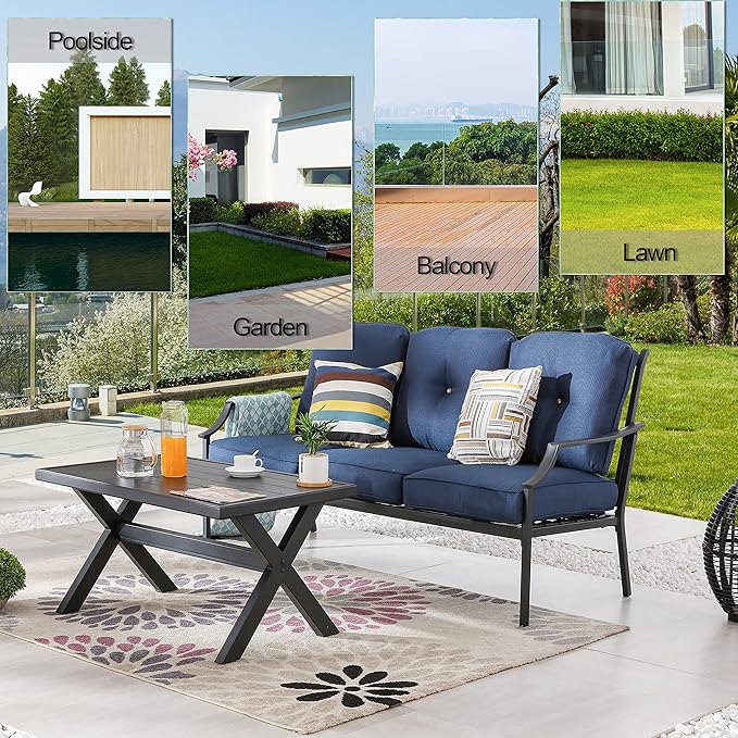 LOKATSE HOME Outdoor Patio Cushioned Loveseat 3 Seats Sofa Bench with Metal Coffee Table