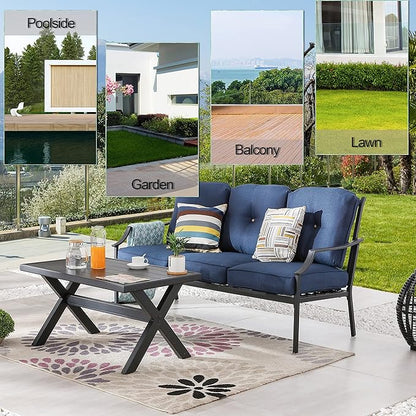 LOKATSE HOME Outdoor Patio Cushioned Loveseat 3 Seats Sofa Bench with Metal Coffee Table
