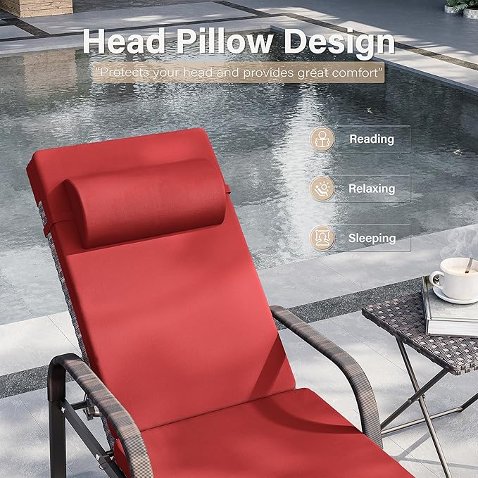 Kurapika Patio Chaise Lounge Set 3 Pieces Outdoor Lounge Chair, Rattan Reclining Chair Adjustable Backrest, Pool Sunbathing Recliners with Folding Table for Poolside Beach, Red