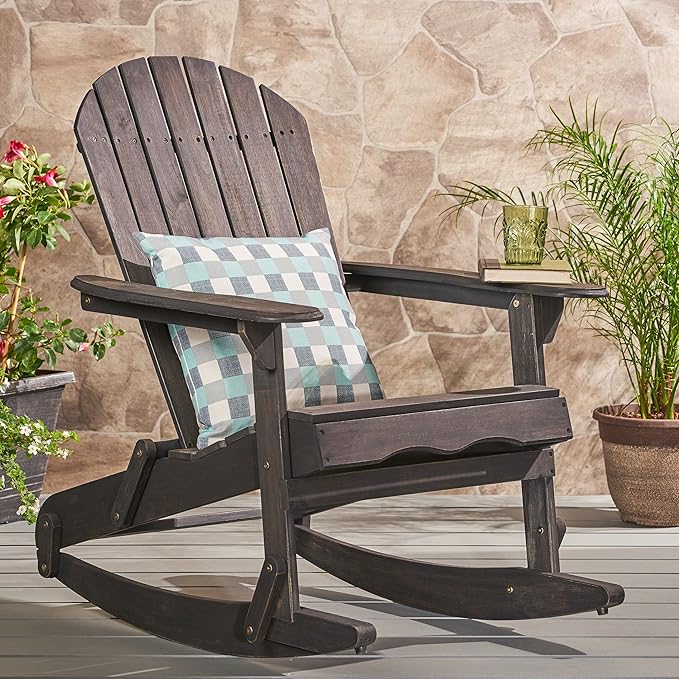 Christopher Knight Home Malibu Outdoor Acacia Wood Adirondack Rocking Chair, Dark Grey - Photo 2