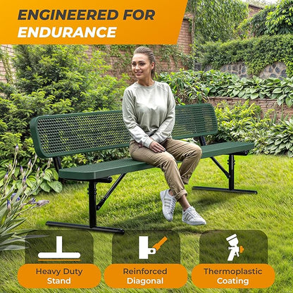 Heavy-Duty Outdoor Metal Bench, Thermoplastic-Coated, Portable, Weatherproof, Commercial-Grade for Parks, Gardens, Patios, Stores & More (8 Ft - Portable with Back, Green)