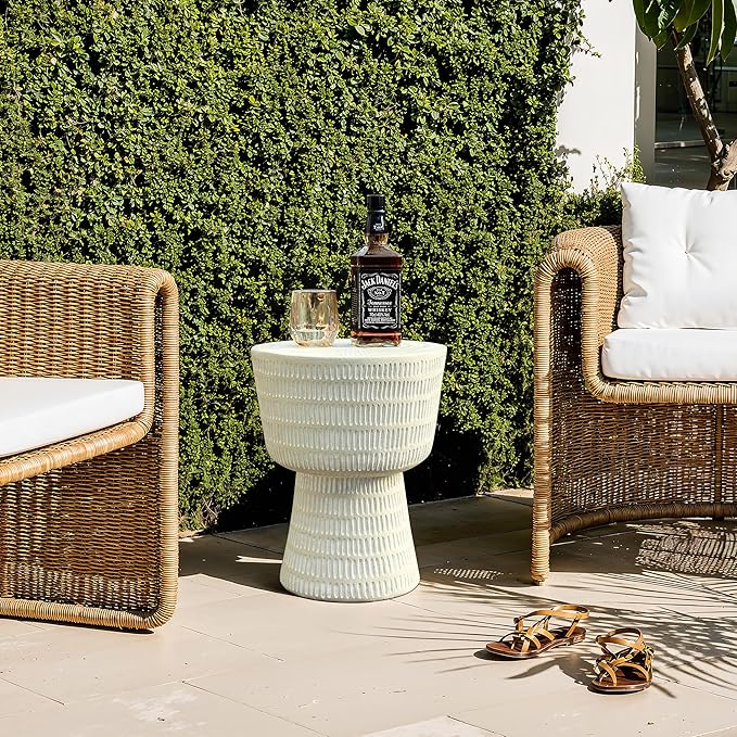 LuxenHome Outdoor Side Table, 15'' Off White Round Spiral Pattern Accent End Table, Indoor Outdoor Coffee Tables for Patio, Living Room, Backyard,Garden Stool and Plant Stand