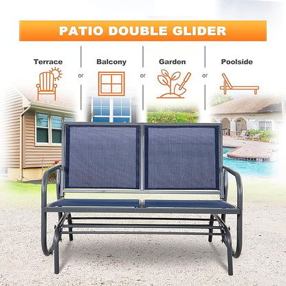 NUU GARDEN 2 Person Outdoor Glider Bench Patio Glider, Patio Glider Swing Chair with Powder Coated Steel Frame and Breathable Seat Fabric, Patio Double Swing Rocking Chair, Blue