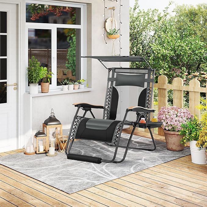 Yaheetech 29in Zero Gravity Chair, Adjustable Patio Padded Anti Gravity Recliner Foldable Outdoor Lounger with Cup Holder Tray, Canopy Shade and Headrest for Beach Camping Gray/Black/1