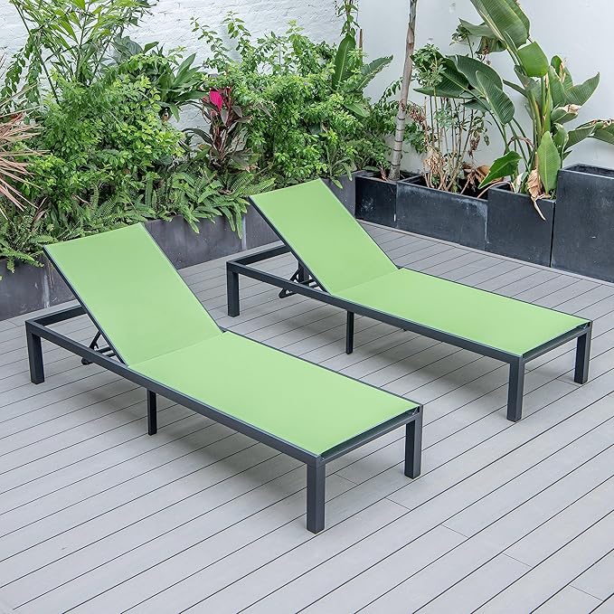 LeisureMod Marlin Aluminum Outdoor Chaise Lounge Chair (Set of 2) - Mesh Sling Fabric Seat Black Aluminum Frame Beach - Photo 1