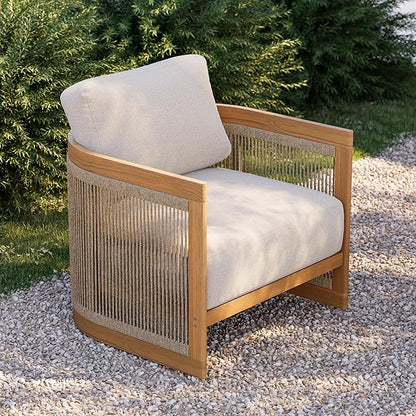 homary Teak Outdoor Chair, Rope Woven Patio Lounge Chair with All-Weather Cushions, Deep Seat Ergonomic Armchair with Removable Washable Covers (1 Chair)