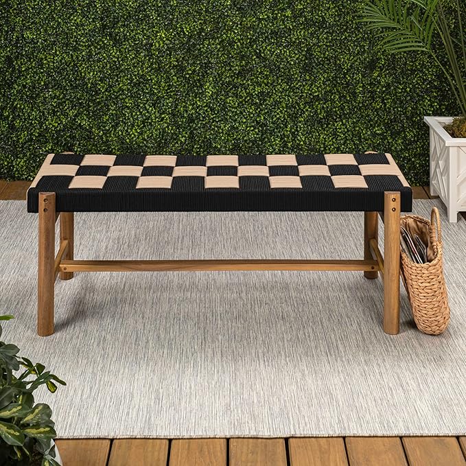 JONATHAN Y BNH202A Denis 48" 2-Seat Backless 700-Lbs Support Acacia Wood Outdoor Bench with Checkerboard Woven Rope Seat for Patio, Garden, Lawn, Backyard, Pool, Deck, Beach, Black/Beige