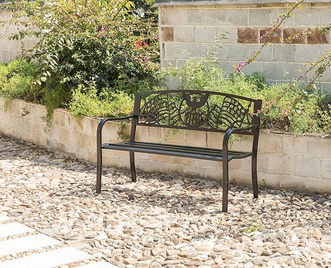 Steel Outdoor Patio Garden Park Seating Bench with Cast Iron Patriotic American Flag and Eagle Backrest, Front Porch Yard Bench Lawn Decor