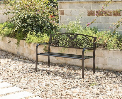 Steel Outdoor Patio Garden Park Seating Bench with Cast Iron Patriotic American Flag and Eagle Backrest, Front Porch Yard Bench Lawn Decor