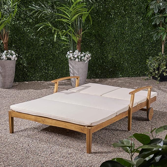 Great Deal Furniture Samantha Double Chaise Lounge for Yard and Patio, Acacia Wood Frame - Photo 4