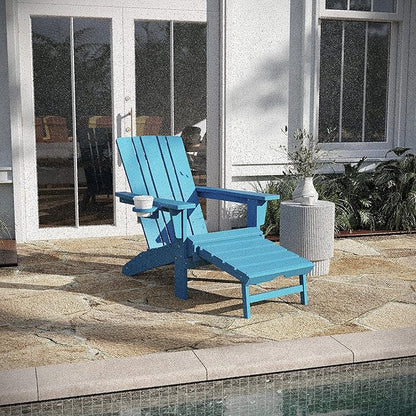 Taylor & Logan Hedley Adirondack Chair with Cup Holder and Pull Out Ottoman, All-Weather HDPE Indoor/Outdoor Lounge Chair in Blue