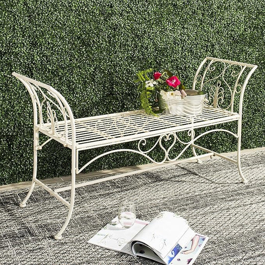 Safavieh PAT5016A Collection Arona Antique White Wrought Iron 51" Outdoor Garden Bench