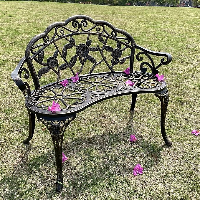 Outdoor Bench Park Garden Bench,All Chair Anti Rust Cast Aluminum Patio Yard Bench,Carved Rose Loveseat Bench for Backyard .Porch.Balcony.Lawn (Black)