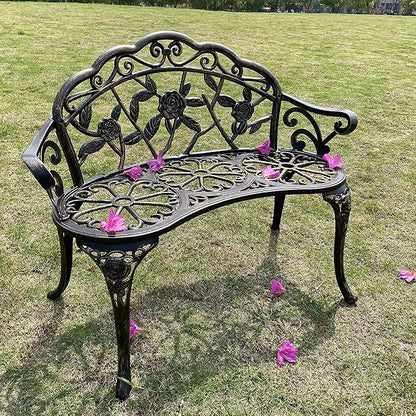Outdoor Bench Park Garden Bench,All Chair Anti Rust Cast Aluminum Patio Yard Bench,Carved Rose Loveseat Bench for Backyard .Porch.Balcony.Lawn (Black)